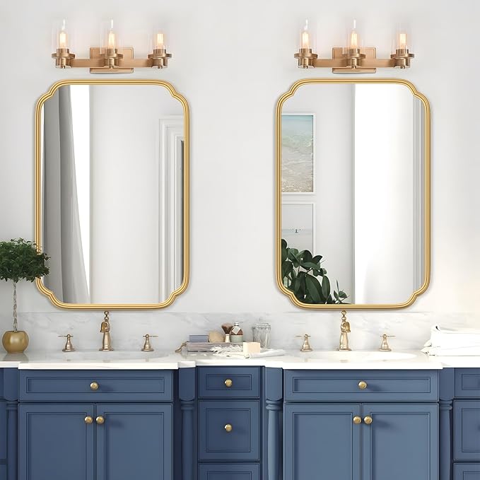 Gold Bathroom Mirror for Wall 20" x 30" Modern Rounded Corner Rectangle Mirror