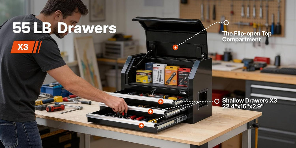 26" rolling tool chest with 3 drawers, side view