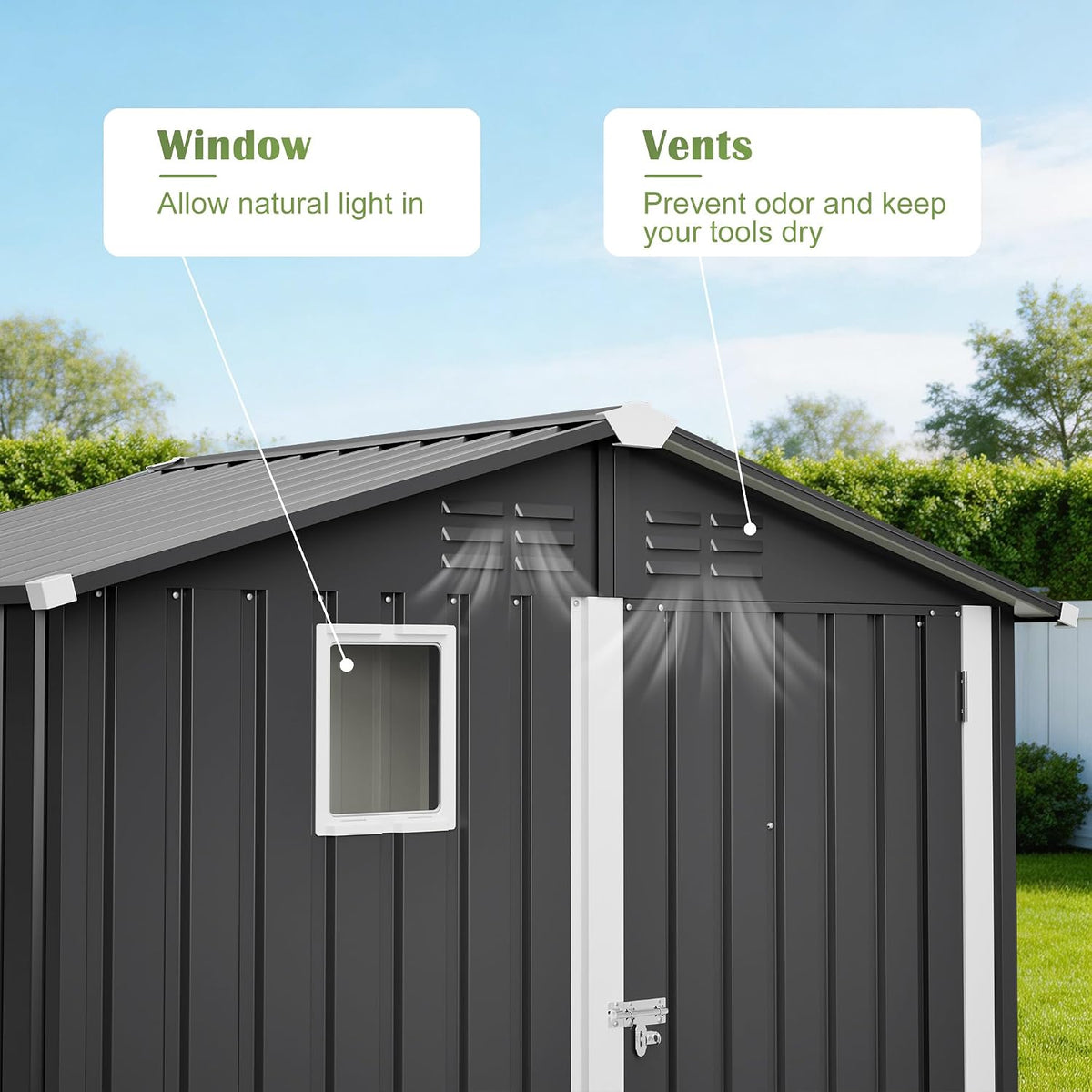 outdoor metal storage shed 6x4 ft,gray lockable storage, close-up detail