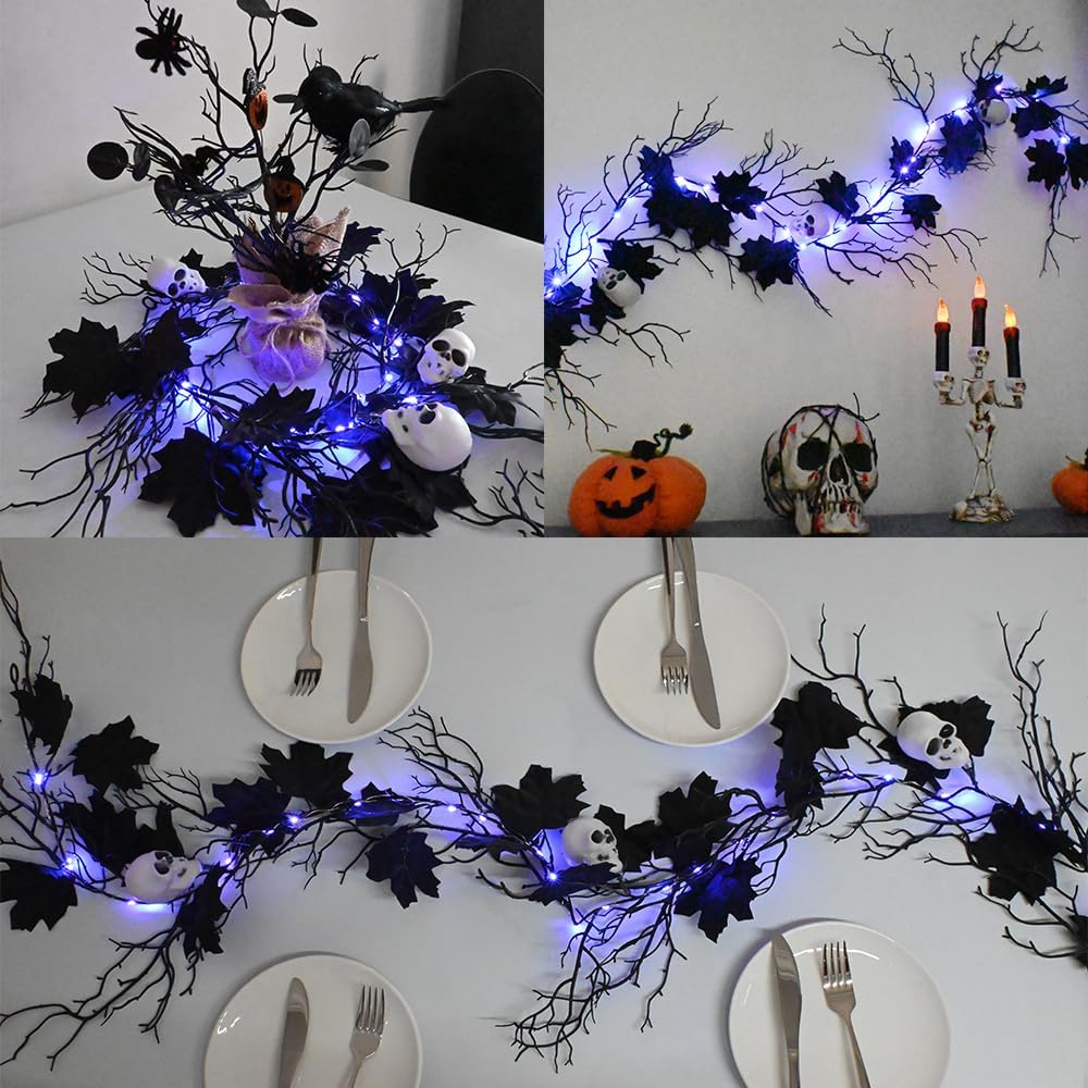 Halloween Black Garland with Timer 2 Pack 6 Feet Dead Branch Garland Lights w...