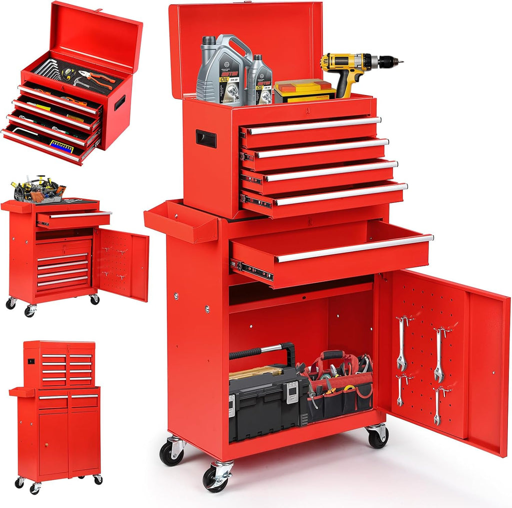 Dawmilon 5 Drawer Rolling Tool Chest with Detachable Top Tool Box, Lockable Metal Tool Cabinet Cart with Wheels, EVA Liner & Adjustable Shelf for Garage Workshop Storage, Red