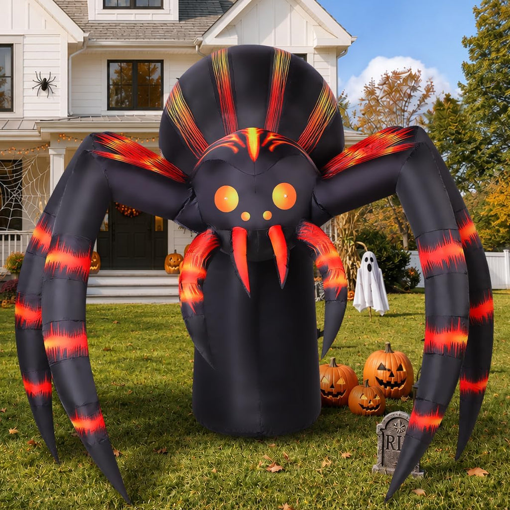 COMIN 7FT Halloween Inflatables Orange Stripe Spider Yard Decor with LEDs