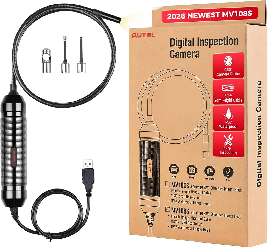 Autel MV108S 1080P HD Inspection Camera, 8.5mm Probe Wide-Angle Borescope, IP67 Waterproof USB Endoscope Snake Camera with LED Lights & 3.3ft Cable, Upgrade of MV108 MV105, for Autel Scanner & PC