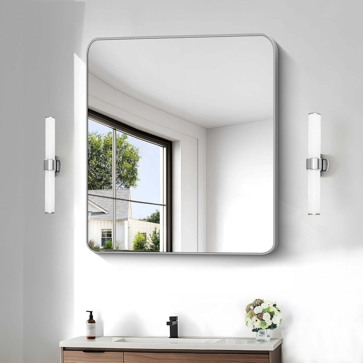 Silver Bathroom Mirror, 30 x 36 Inch Metal Framed Silver Rectangle Mirror