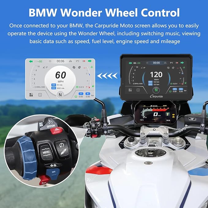CARPURIDE W702BS PRO for BMW Motorcycle CarPlay & Android Auto Dual Bluetooth