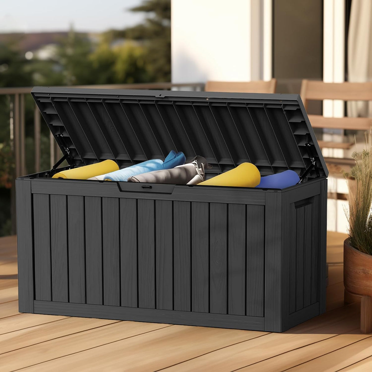 80 gallon outdoor deck box, lockable waterproof outdoor, side view