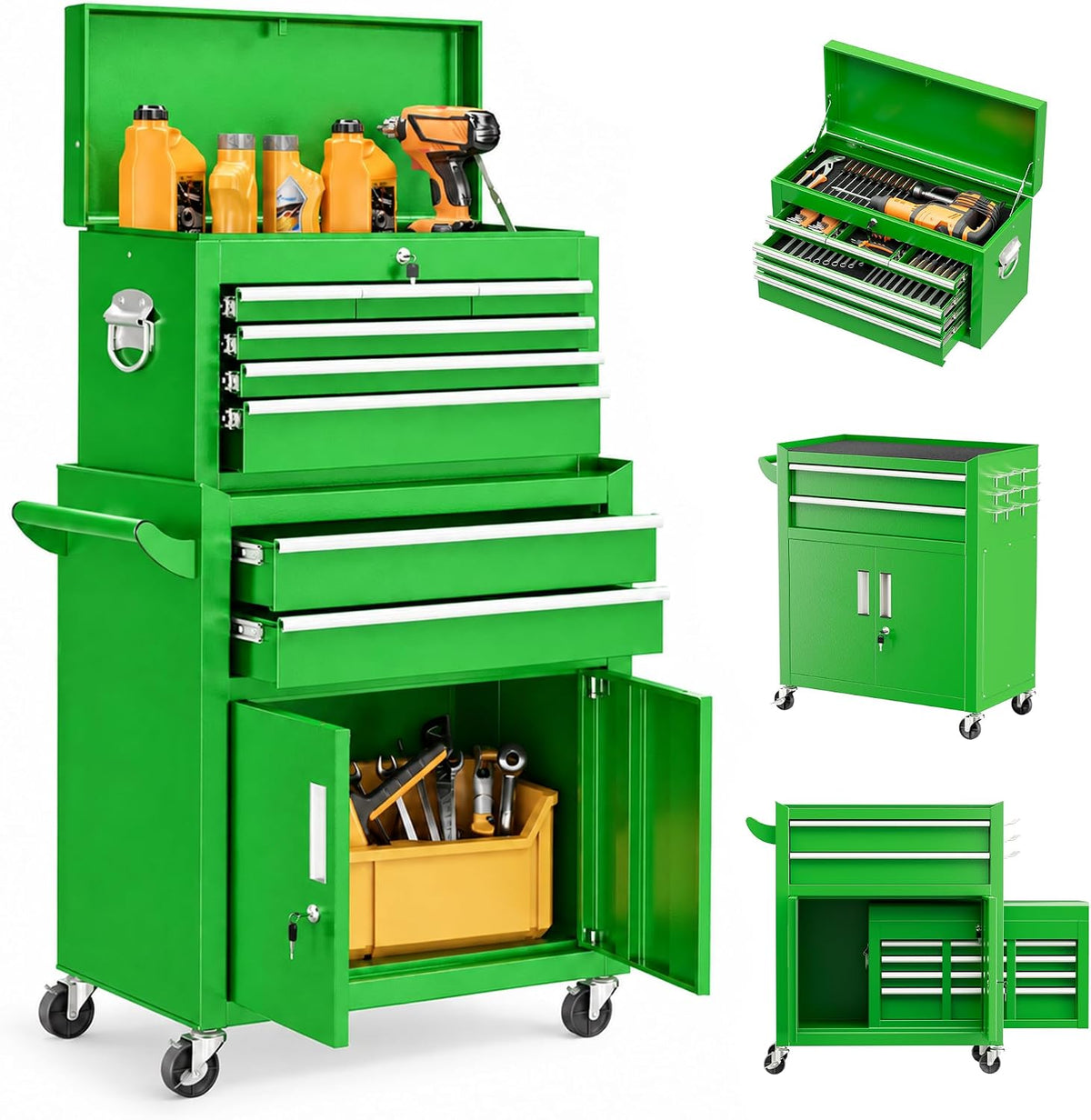 Bonusall 8 Drawer Rolling Tool Chest and Cabinet Combo,Heavy-Duty Metal Garage Tool Chest with Wheels and 2 Doors,2-in-1 Top Box and Roller Cabinet Combo for Garage, Workshop, Warehouse-Green