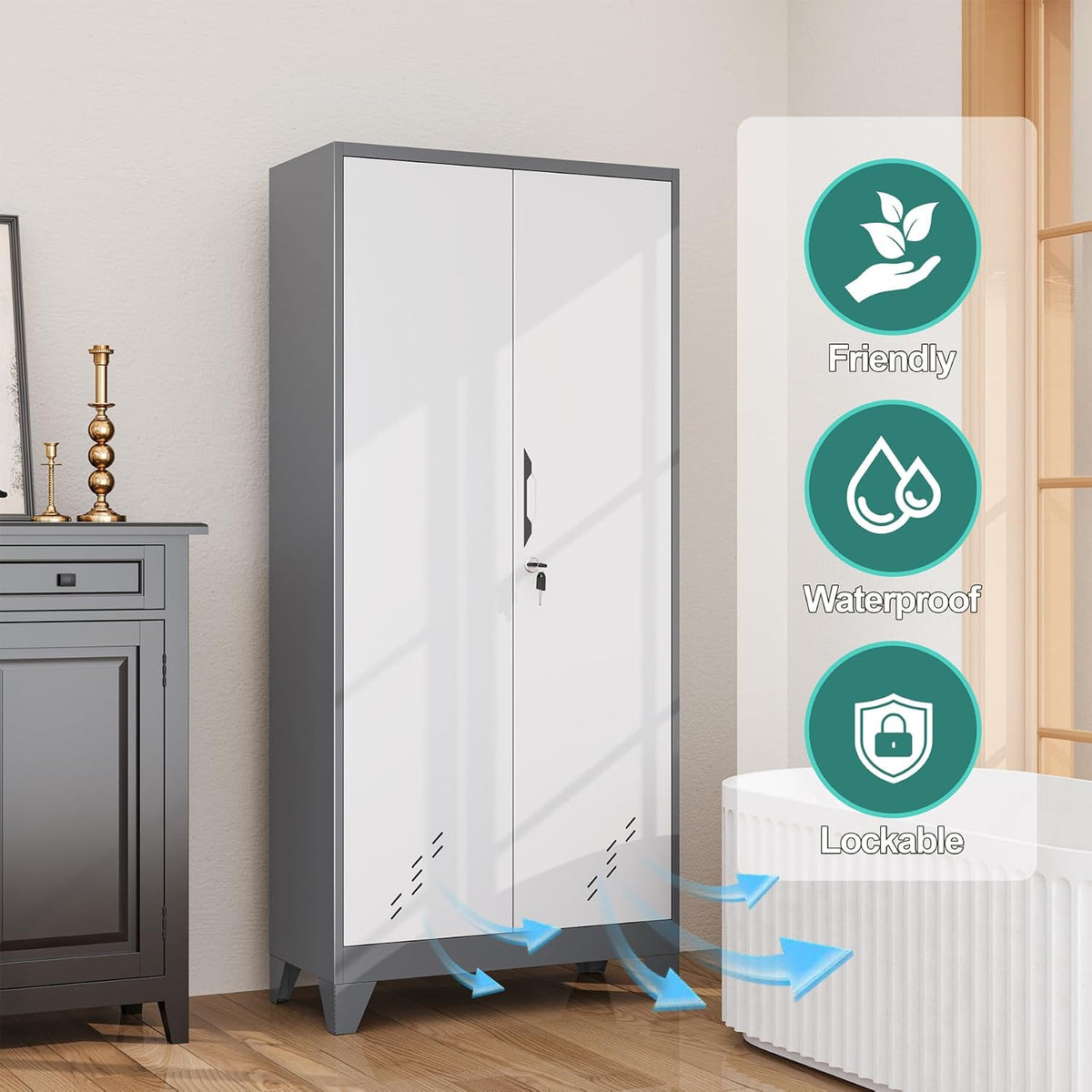oseillc metal storage cabinet with locking doors, 61", side view