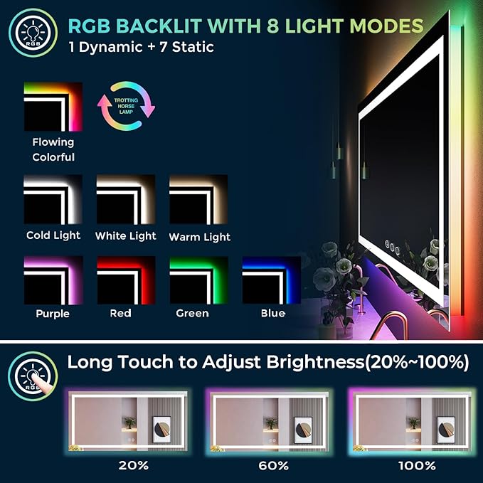 YEELAIT 55x30 Inch RGB LED Bathroom Mirror Front Light and RGB Backlit Lighted