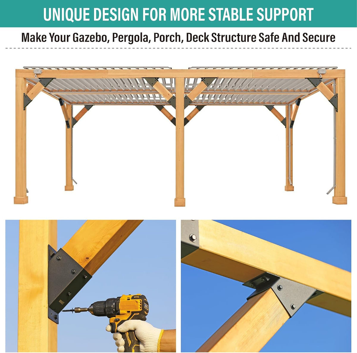 45 degree pergola angle support brackets, 4x4 wood, side view
