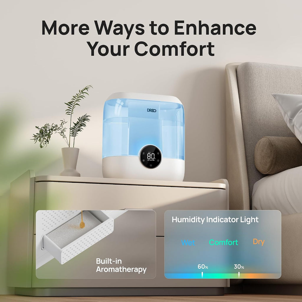 dreo 6l top fill humidifiers for bedroom, 60h showing dimensions