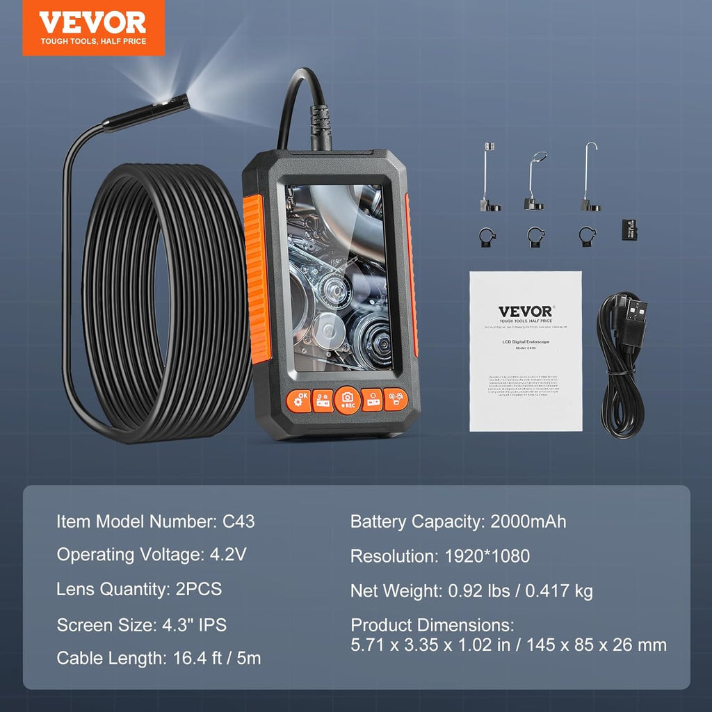 vevor endoscope camera with light, dual lens industrial on a desk or shelf