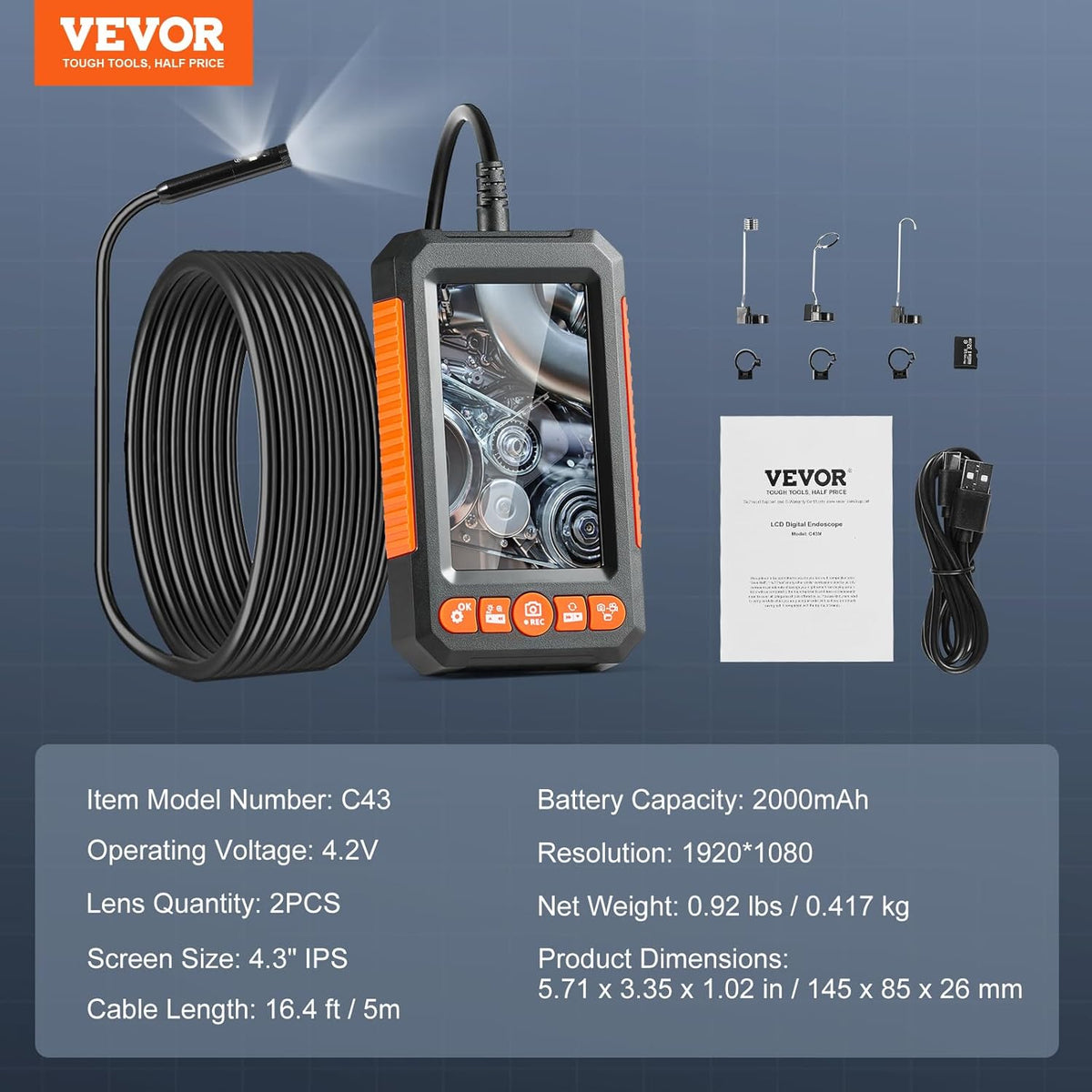 vevor endoscope camera with light, dual lens industrial on a desk or shelf