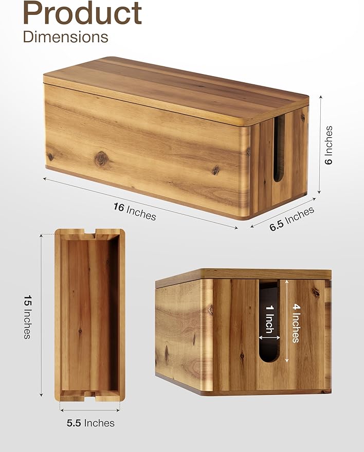 TIDITA Acacia Wood Cable Management Box Round Edge