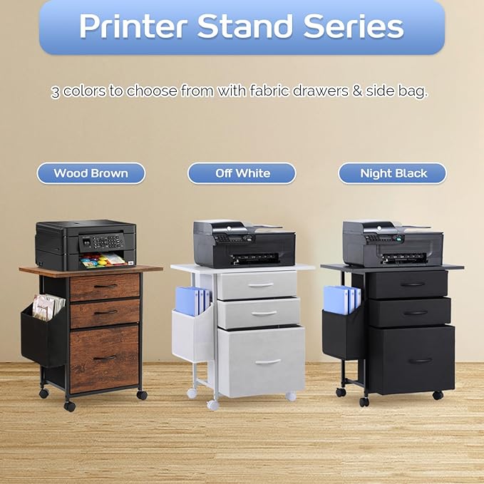 Printer Stand with 3 Fabric Drawer, Mobile File Cabinet