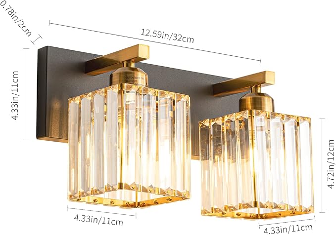 FDPBY Modern Bathroom Vanity Light 2-Lights Black Gold Crystal Bathroom Wall