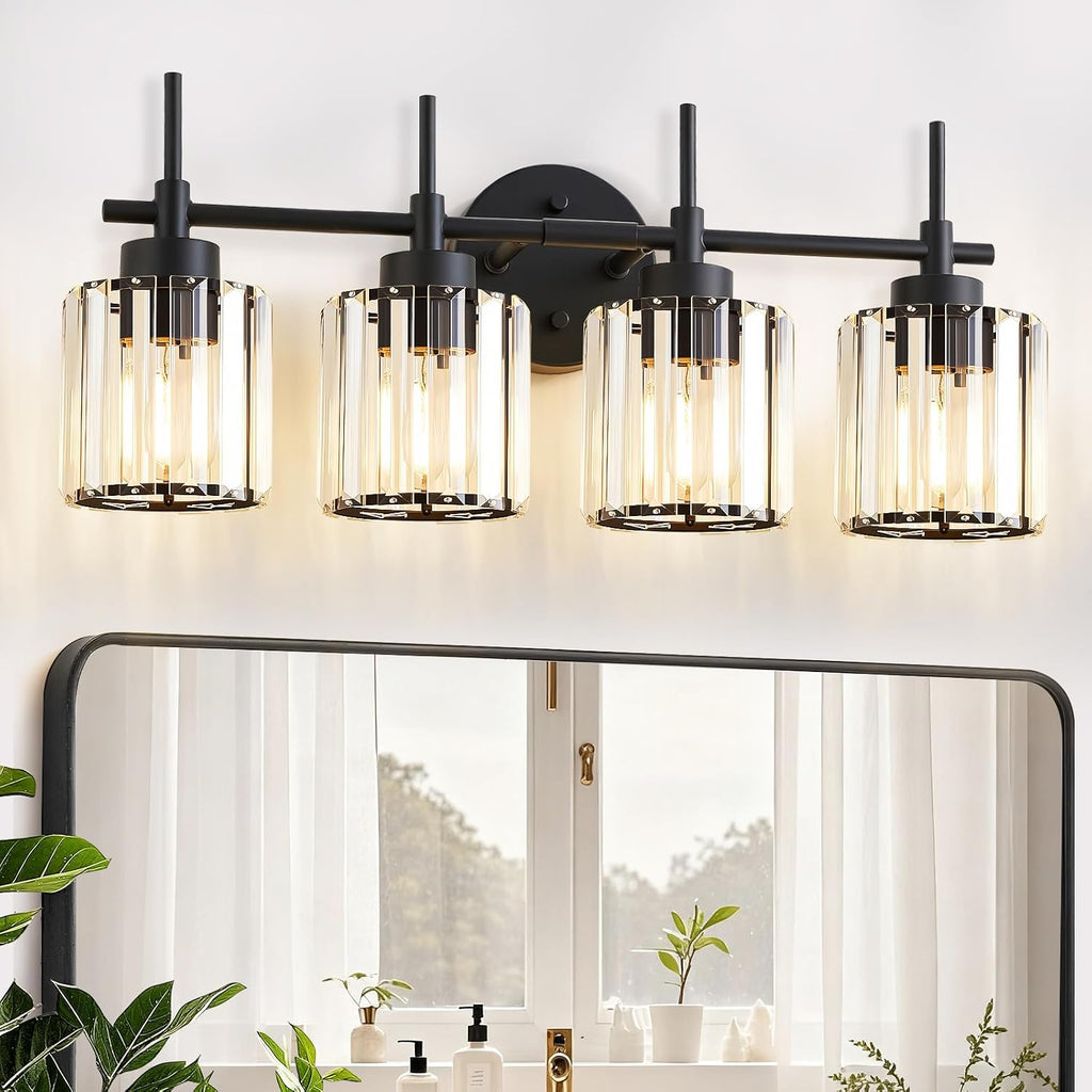 EJIAXIN 4 Light Round Crystal Vanity Lights, Modern Black Crystal Wall Light