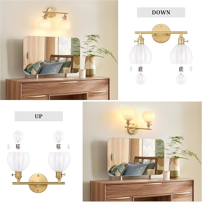Shenmoyl Bathroom Light Fixtures, 2-Light Brass Vanity Wall Light Over Mirror