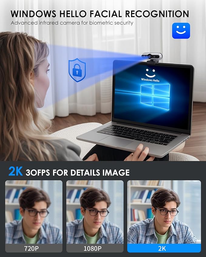 2K HD Webcam with Infrared Windows Hello Facial Recognition, Computer Camera