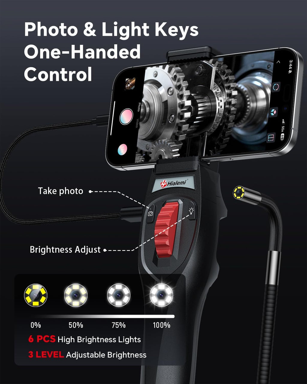 2-way articulating borescope, phone endoscope camera with light, close-up detail