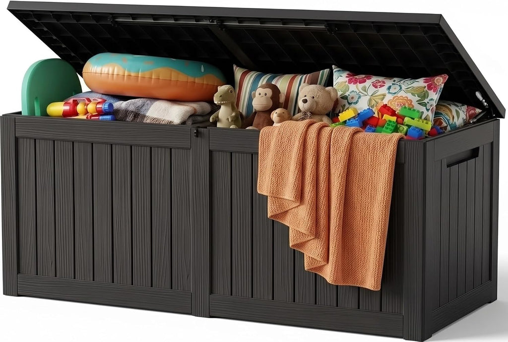 Outdoor Storage Box, 390 Gallon Waterproof Resin Deck Box with Support Rod