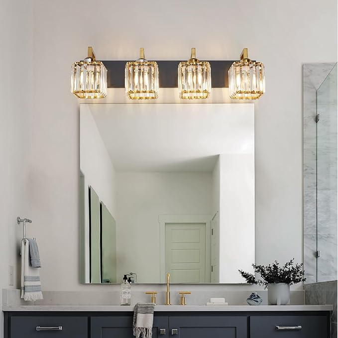 FDPBY Modern Bathroom Vanity Light 4-Lights Black Gold Crystal Wall Lamp