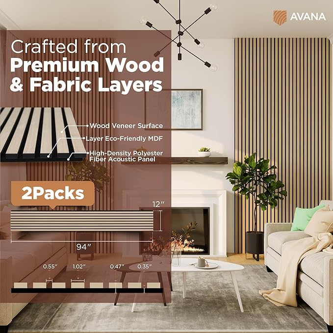 Avana Acoustic Wood Wall Panels – 94.4 x 12.6 Inch White Oak Acoustic Panels 2 (2 PCs)