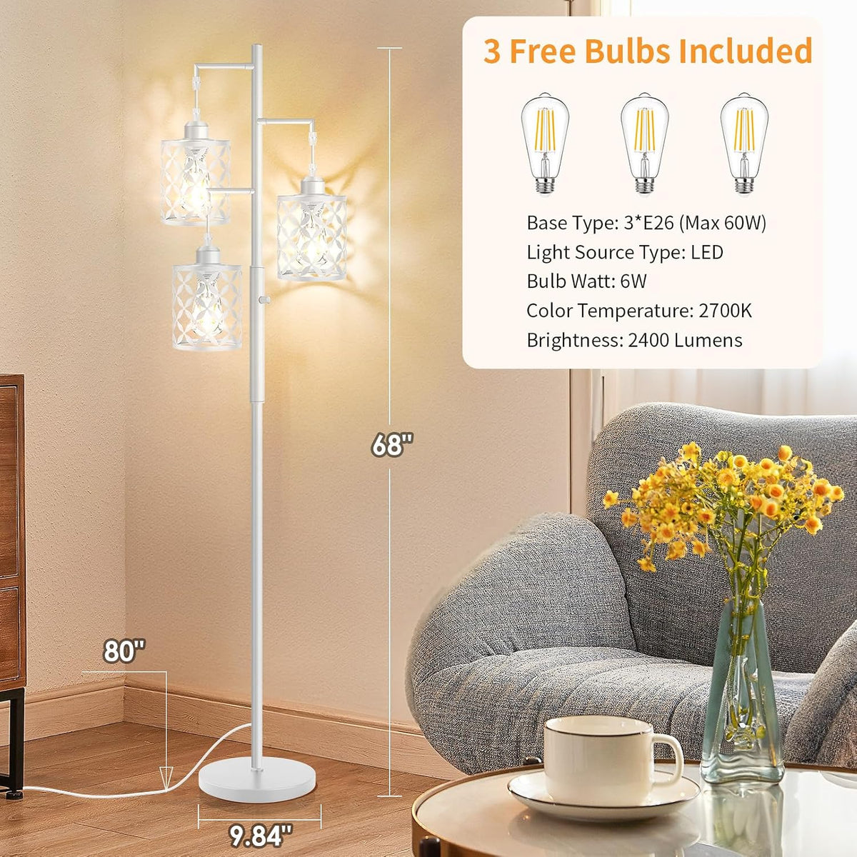 Dimmable Floor Lamp, Farmhouse Standing Lamp with Elegant Metal Cage, Industrial Tall Tree Floor Lamps for Living Room Bedroom Study Room Office, 3 x 800LM LED Bulbs Included - 68", White