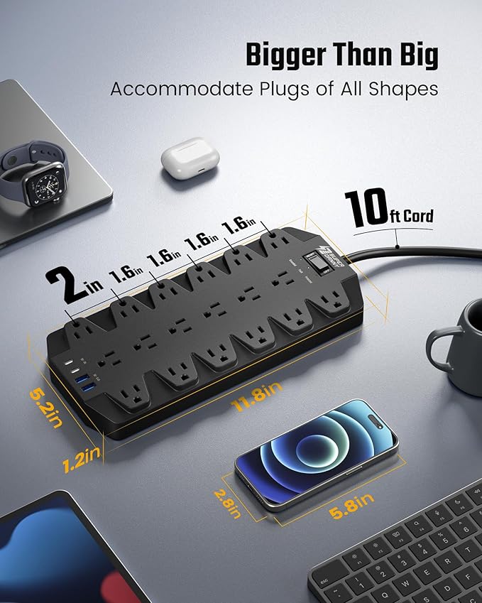 Power Strips with Surge Protection 10 FT, SUPERDANNY 18 AC Outlets and 4 USB