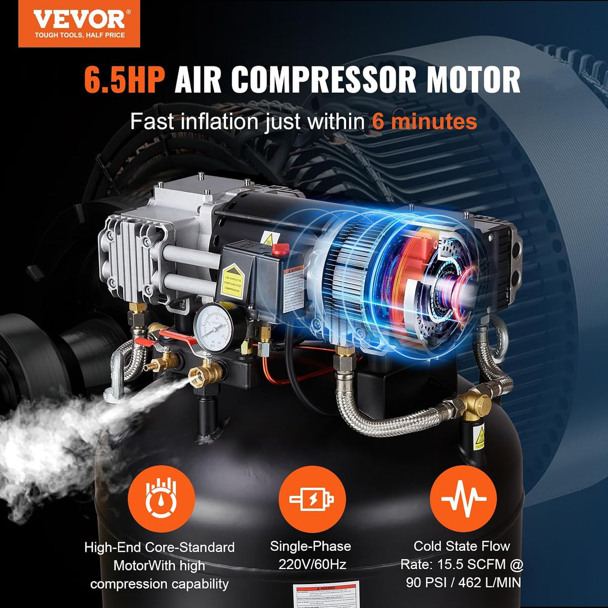 VEVOR 80 Gallon Air Compressor, 145PSI Oil Free Stationary Compressor Tank, 6.5HP 15.5SCFM@90 PSI, Quiet Compressor for Industrial Manufacturing, Workshops (220V/60Hz Single-Phase Power)