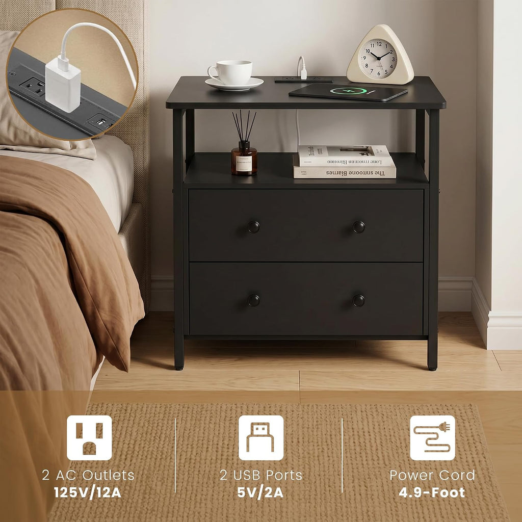 Edbuosy 27" Wide Nightstand with Charging Station & 2 Drawer, Black