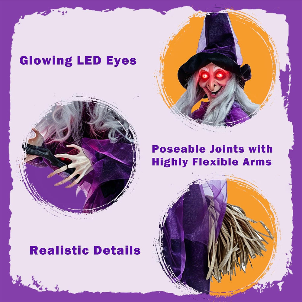 Hourleey 4 FT Flying Witch Halloween Decorations, Animated Hanging Witch on B...