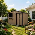 10x8 FT Outdoor Storage Shed with 2 Clear Windows, Metal Garden Shed with Flower Racks & Baskets, Outside Tool Shed with Lockable Double Doors, Waterproof Storage Building for Backyard, Brown