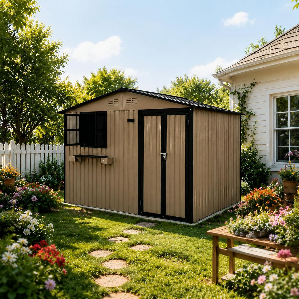10x8 FT Outdoor Storage Shed with 2 Clear Windows, Metal Garden Shed with Flower Racks & Baskets, Outside Tool Shed with Lockable Double Doors, Waterproof Storage Building for Backyard, Brown