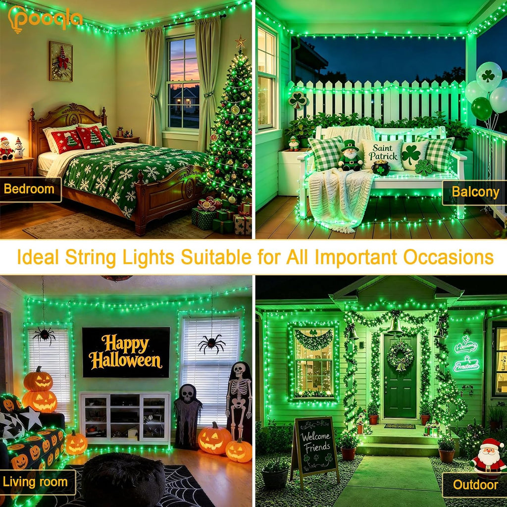 Pooqla 500 LED String Lights Indoor Outdoor, 164 ft Green Halloween Lights Plug in with Timer, Connectable 8 Modes Waterproof Clear Wire Twinkle Fairy Lights for Xmas Tree Christmas Decor