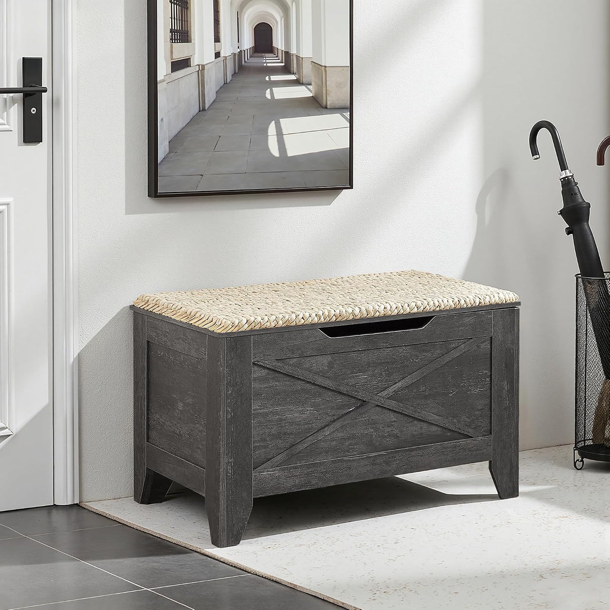 vecelo 30" storage bench, farmhouse entryway shoe ottoman shown in use