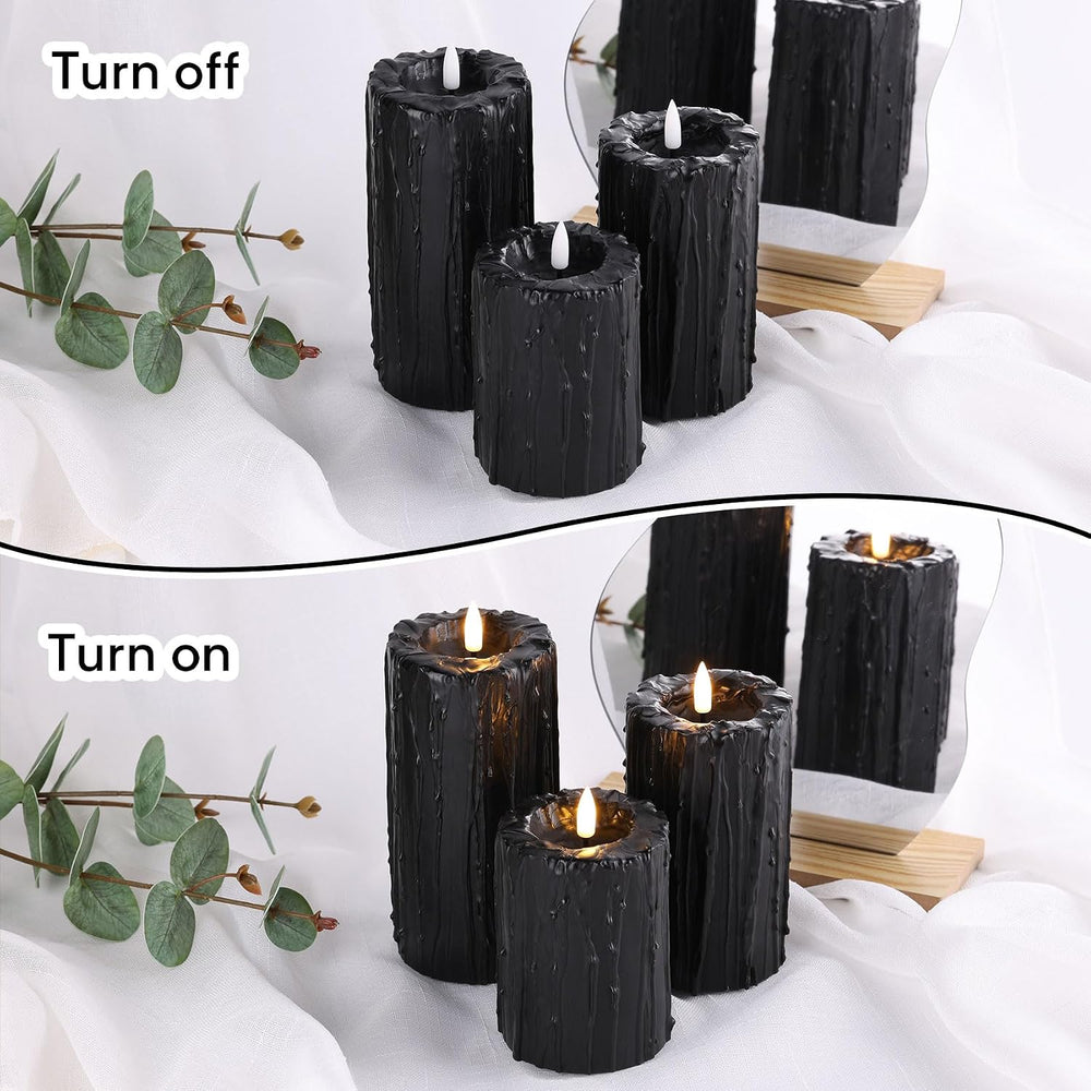 Eywamage Black Dripping Wax Halloween Flameless Pillar Candles with Remote