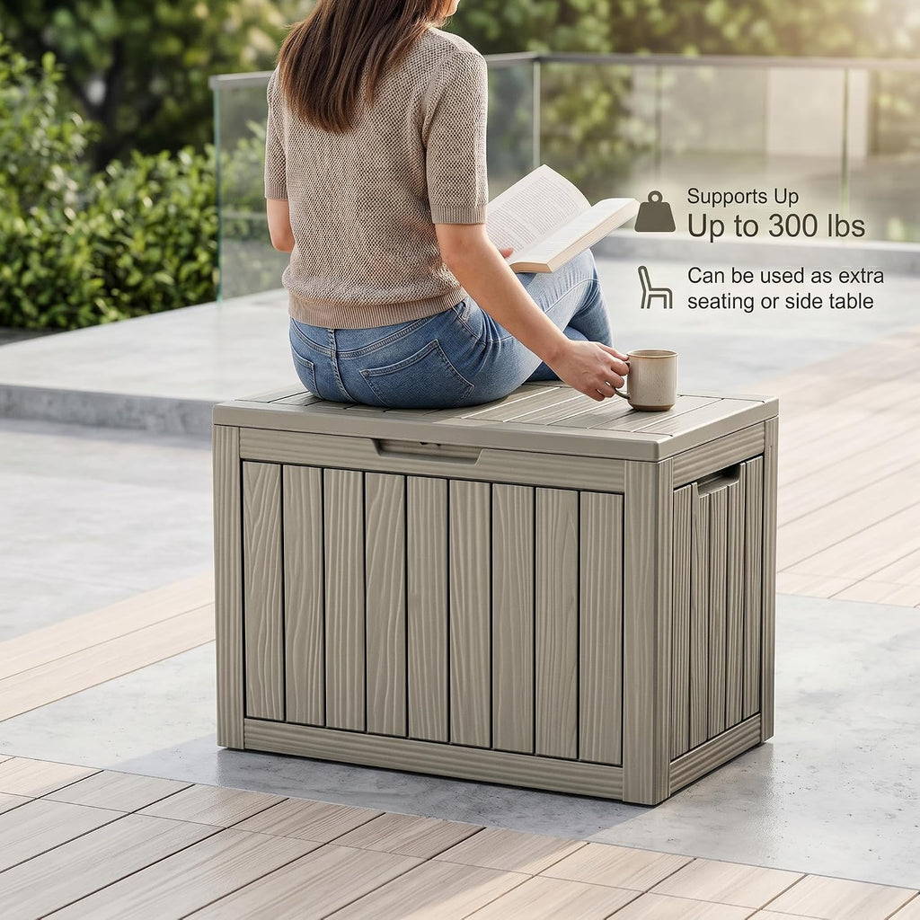 46 gallon deck box for patio furniture, outdoor showing dimensions