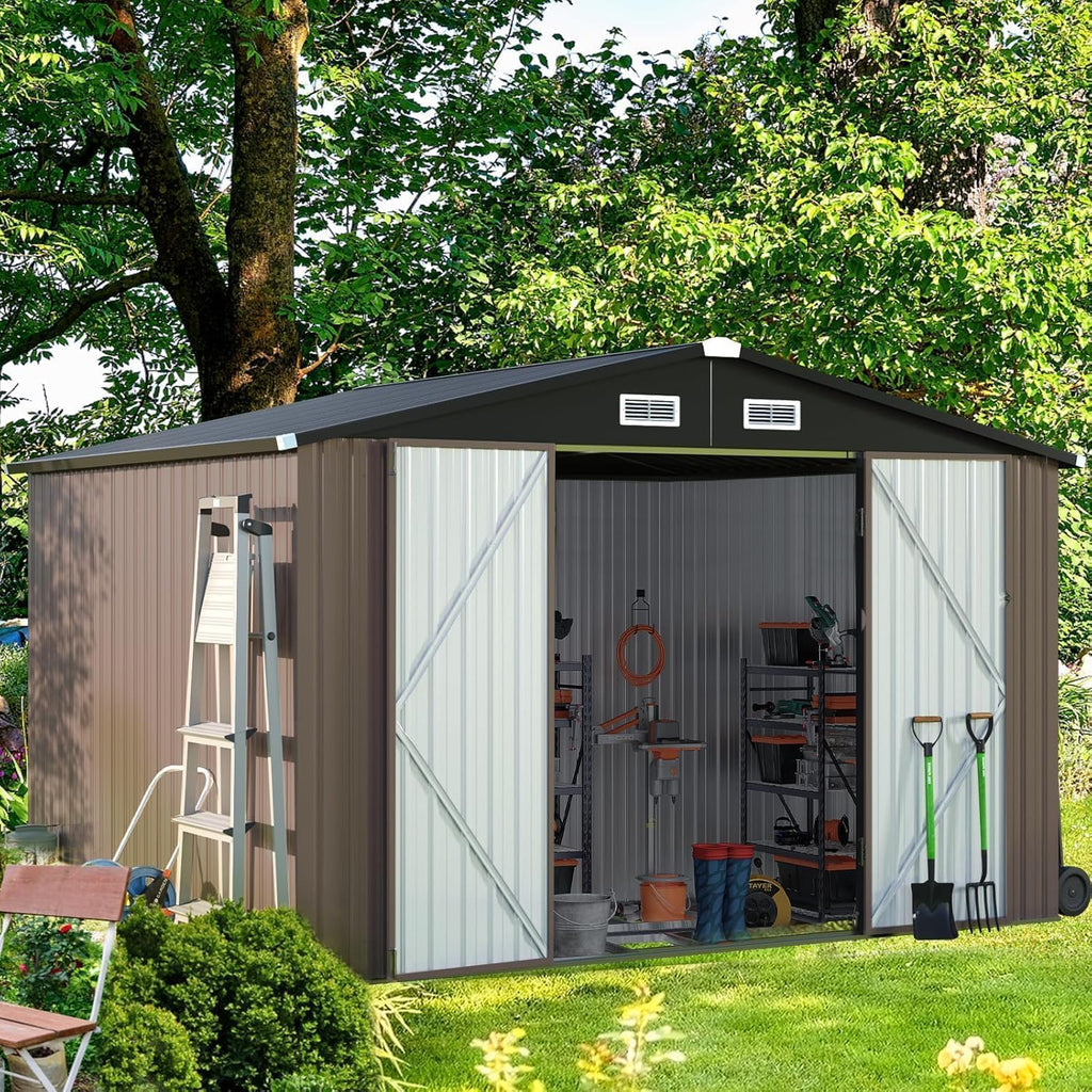 aoxun 10x8 ft shed outdoor storage shed, brown on a desk or shelf