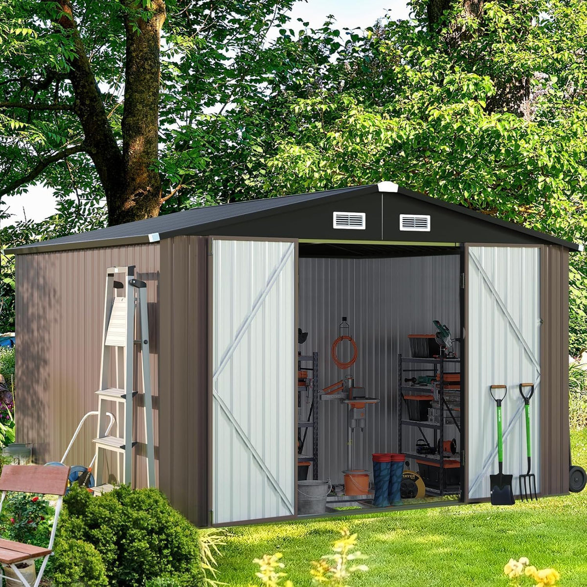 aoxun 10x8 ft shed outdoor storage shed, brown on a desk or shelf