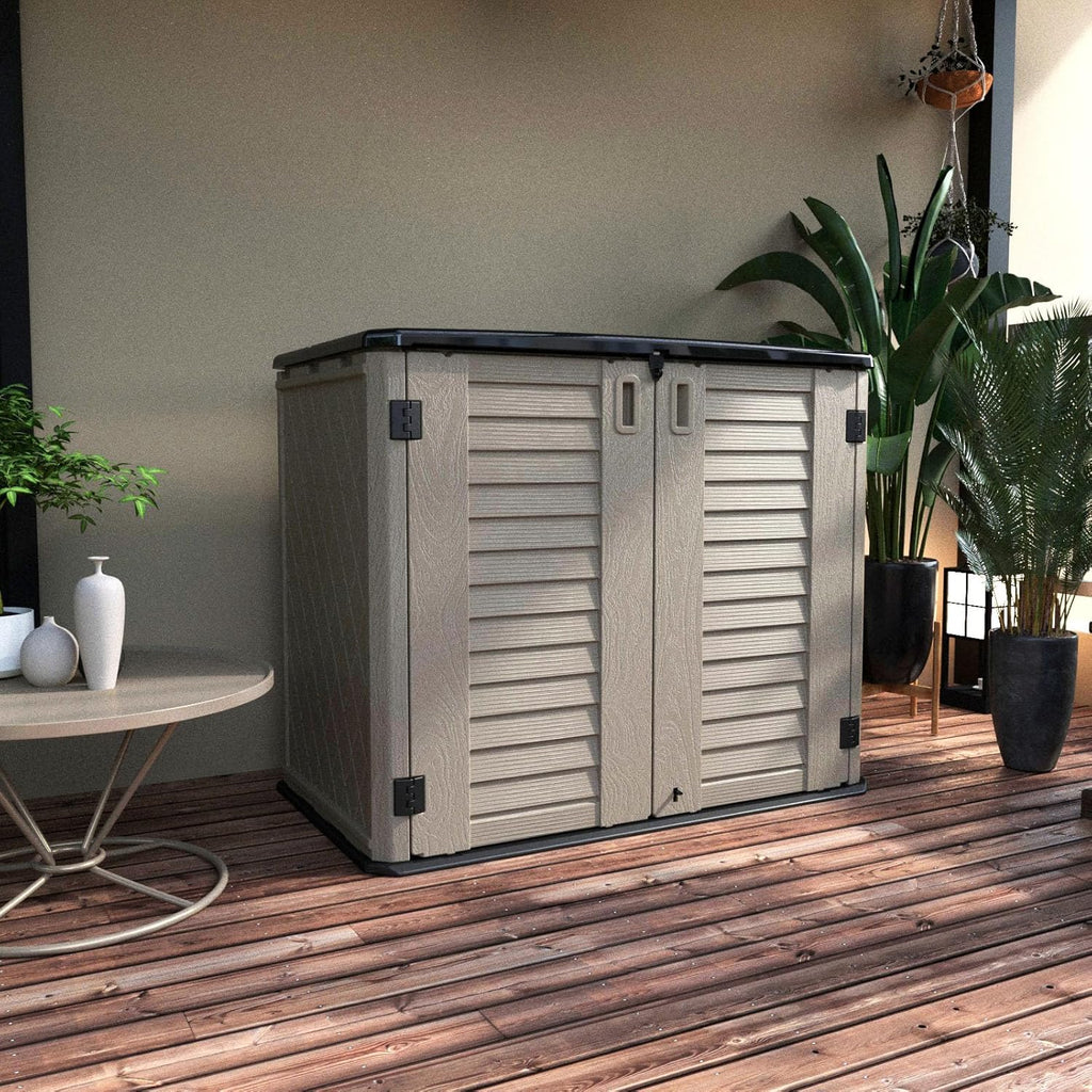mrosaa horizontal resin storage shed, 34 horizontal cu.ft shown in use