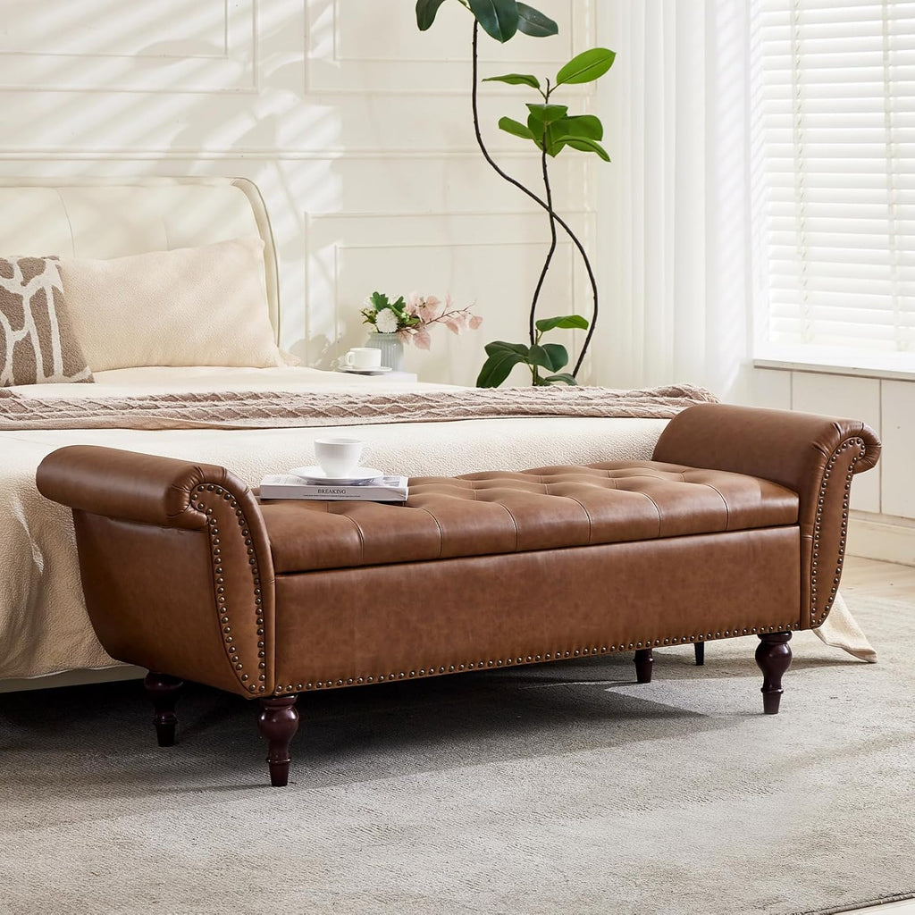 63.8" Storage Bench For Bedroom Faux Leather End Of Bed Bench With Storage