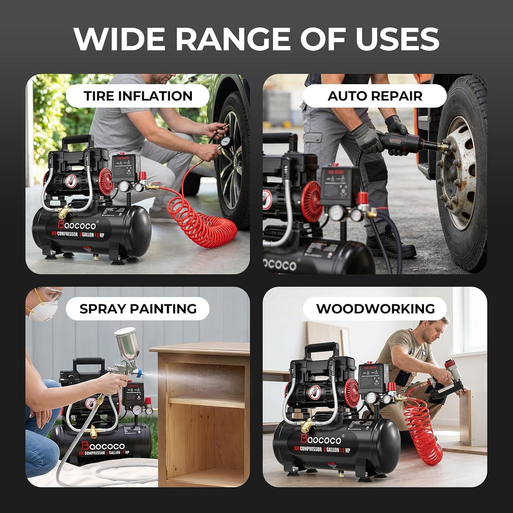 3Gallon Ultra Quiet Air Compressor with Two Quick Couplers 1.2HP MAX115PSI