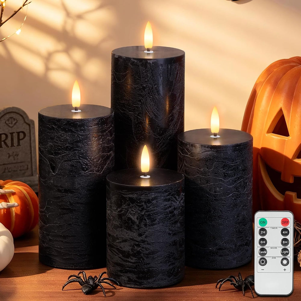 Black Flickering Flameless Candles, Real Wax Halloween Pillar Candles