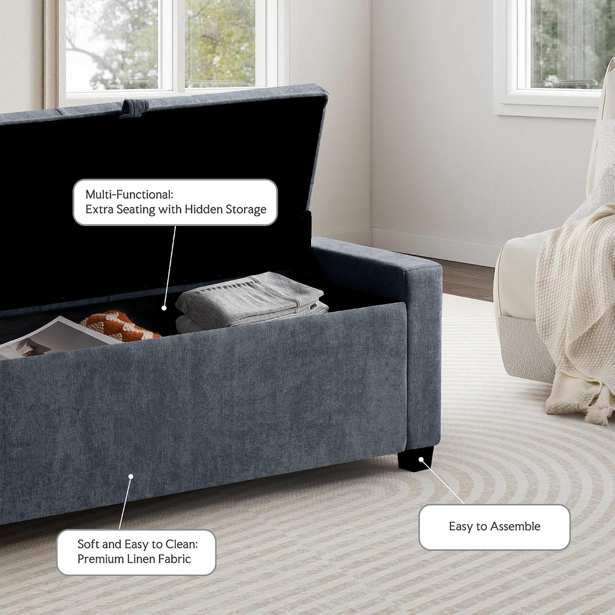 grainell 42.13” storage ottoman bench, upholstered tufted bedroom showing dimensions