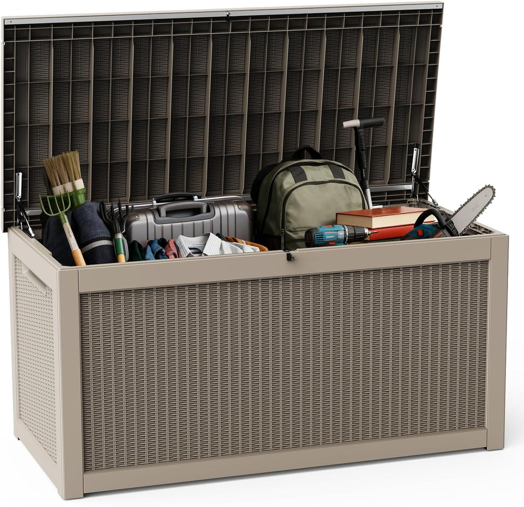 DRATO 320 Gallon Deck Box, Outdoor Large Waterproof Resin Storage Box with Lockable Lid for Patio Cushions, Gardening Tools (Gray, 320 Gallon)
