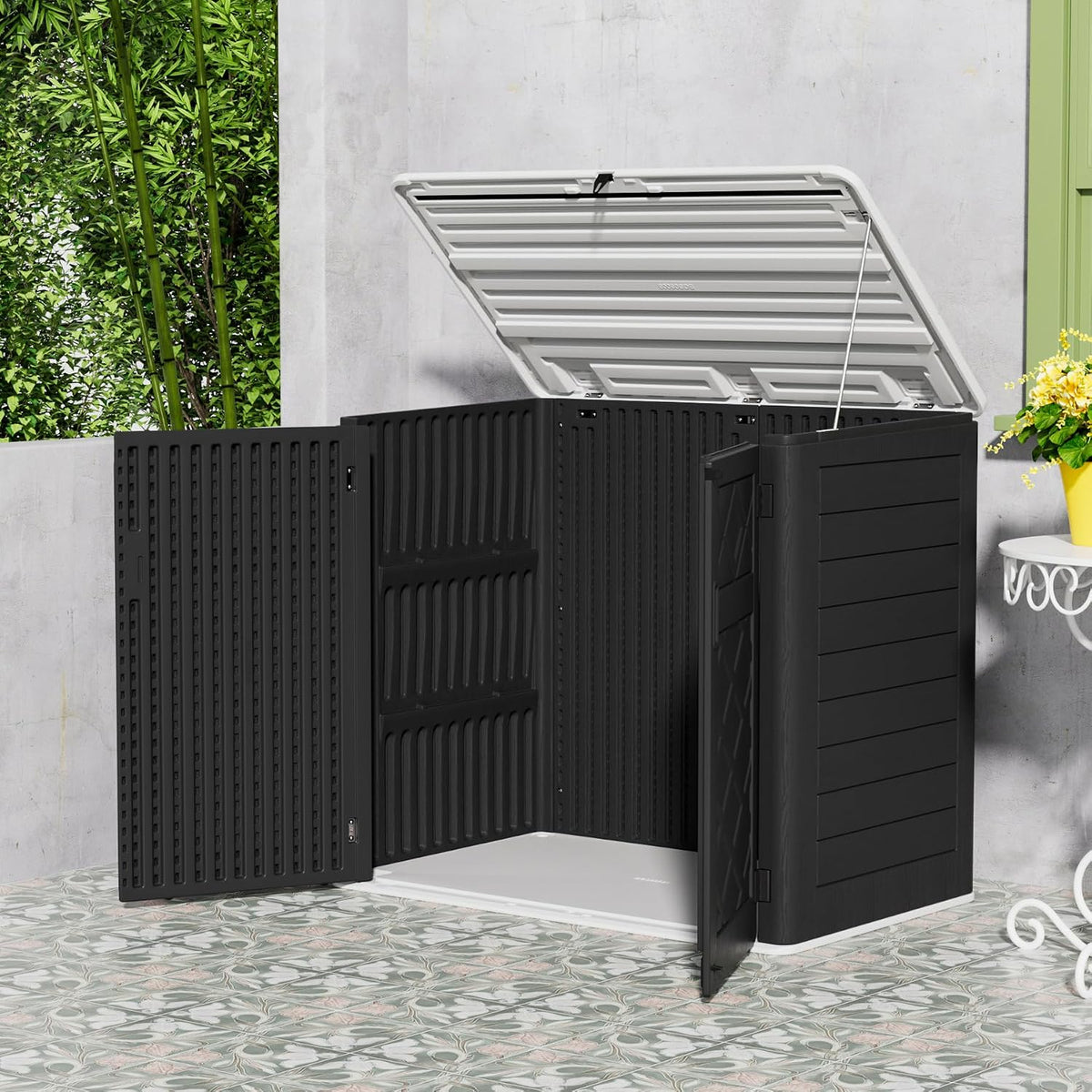 mrosaa resin outdoor storage shed, 38 cu.ft outdoor on a desk or shelf
