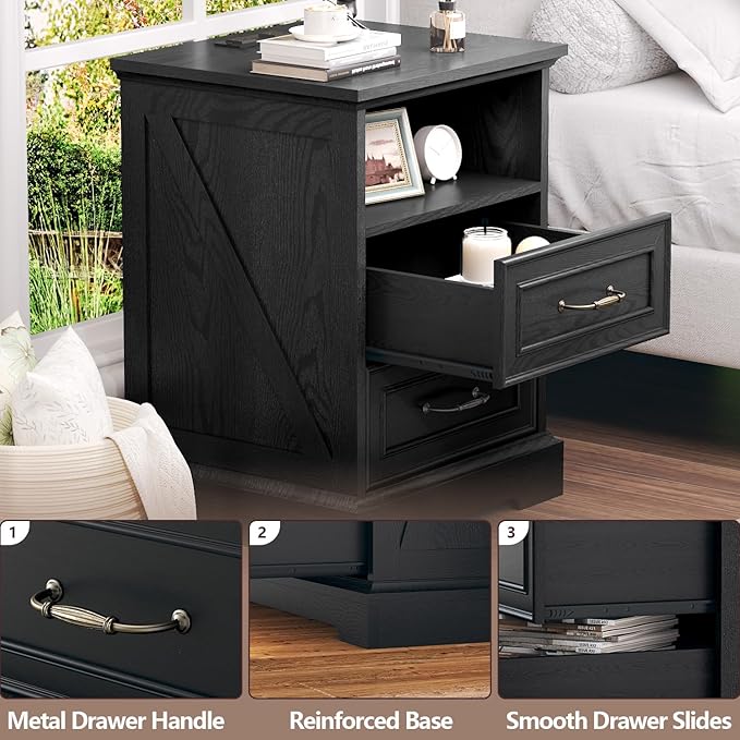 Nightstand with Charging Station Set of 2, Farmhouse Wood Small Dresser