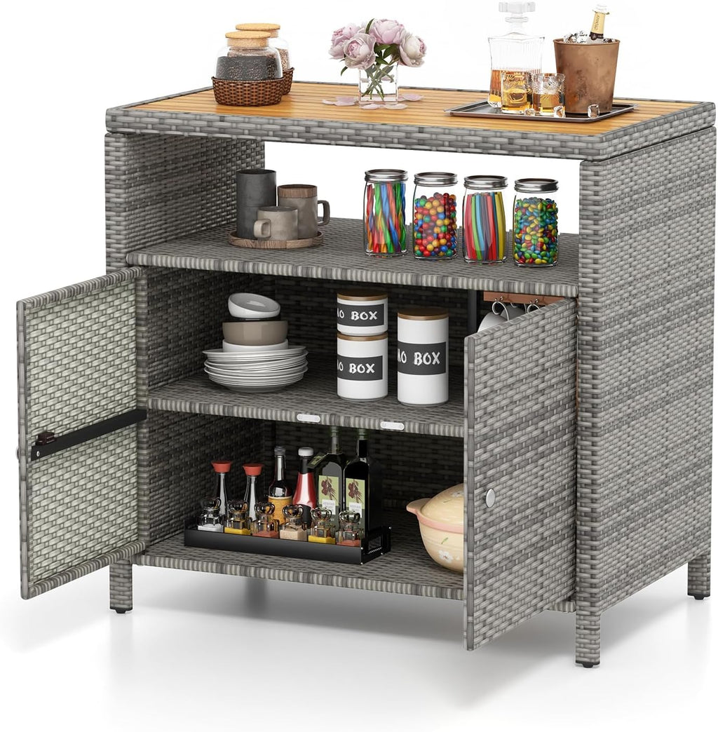 Tangkula Rattan Outdoor Storage Cabinet, Patiojoy Outdoor Cabinet with Acacia Wood Countertop, Open Compartment, 2-Door Wicker Sideboard, Outdoor Bar for Patio Garden Backyard Poolside (Mix Grey)