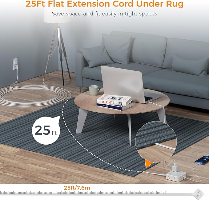 Flat Plug Long Extension Cord 25 Ft, TESSAN Power Strip Surge Protector